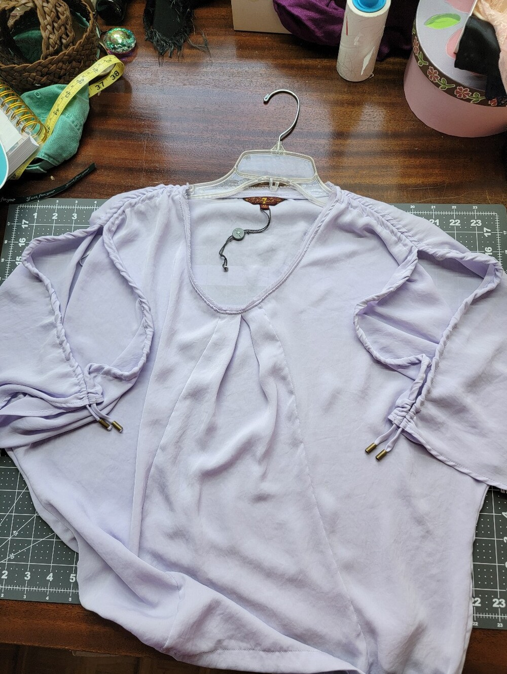 7 For All Mankind Light Lavender Pleated Blouse W/adjustable Drawstring Sleeves